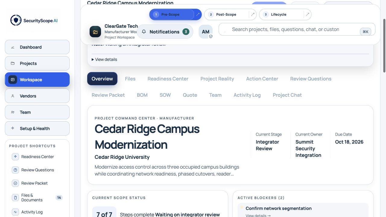 Fictional manufacturer workspace showing Summit Security Integration as current owner and active project blockers