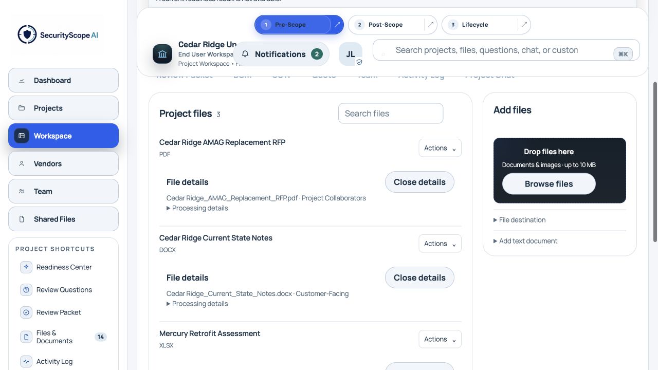 Fictional Cedar Ridge file workspace showing project documents, file actions, and upload controls