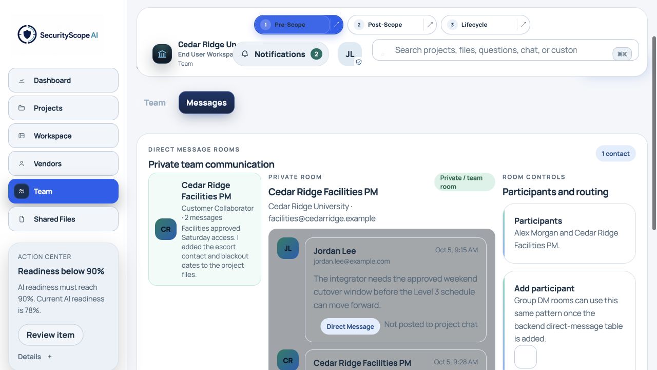 Fictional Cedar Ridge private team message room with populated coordination messages