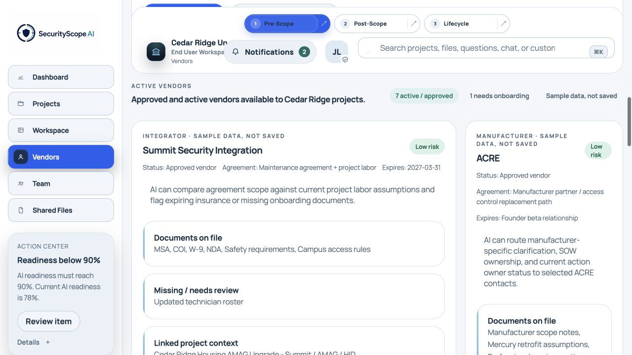 Fictional vendor management dashboard showing an integrator and manufacturer with agreements and missing documents